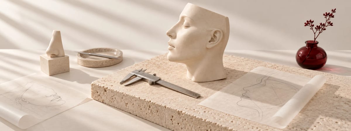Иллюстрация направления: модель лица и хирургические инструменты на светлой каменной плоскости